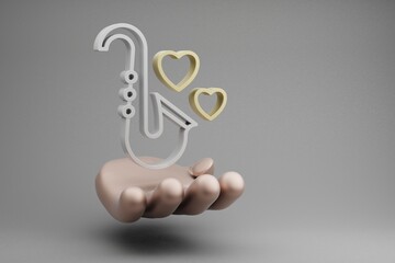 Poster - Beautiful abstract illustrations Golden Hand Holding Saxophone with heart symbol icon on a gray background. 3d rendering illustration. Background pattern for design. Wedding day.