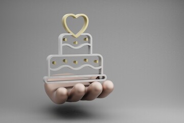 Poster - Beautiful abstract illustrations Golden Hand Holding Wedding Cake with heart symbol icon on a gray background. 3d rendering illustration. Background pattern for design. Wedding day.