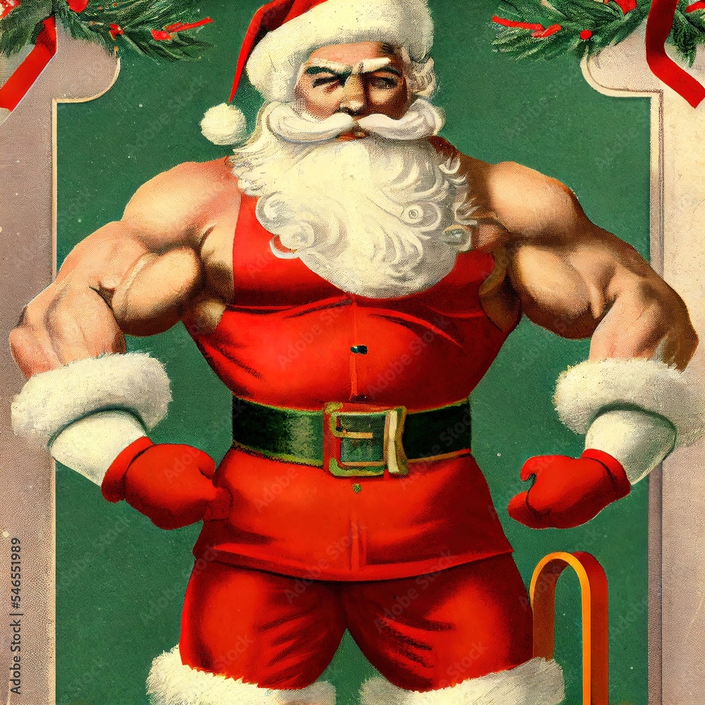 Chrsitmas Muscular Santa Clause bodybuilder muscleman Postcard style ...