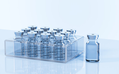 Vaccines and ampoules in the lab, 3d rendering.