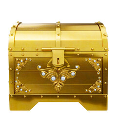 Wall Mural - Treasure chest made of gold. Antique chest made of wood and metal, painted gold. Antique padlock locks the treasure chest. on a white background with clipping path. 3D rendering