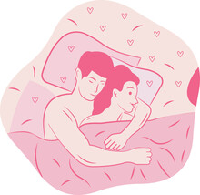 Couple Sleep With Each Other,  Sexy Couple, Romantic Couple, Happy Couple Of Lovers Laying In Bed Together At Night Vector Illustration