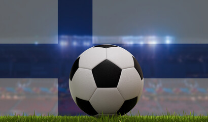 Wall Mural - Soccer football ball on a grass pitch in front of stadium lights and finland flag. 3D Rendering