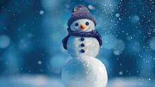 Cutesnowman In A Winter Forest On A Winter Day. Christmas Snowman.