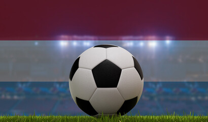 Wall Mural - Soccer football ball on a grass pitch in front of stadium lights and luxembourg flag. 3D Rendering