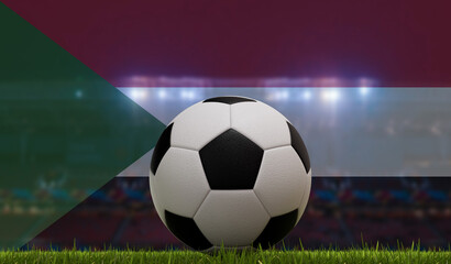 Wall Mural - Soccer football ball on a grass pitch in front of stadium lights and sudan flag. 3D Rendering