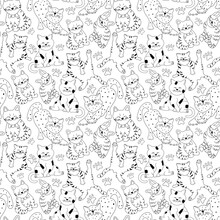 Cats Doodle Seamless Pattern For Wrapping Paper, Wallpaper, Textile, Fabric. Vector Repeat Print