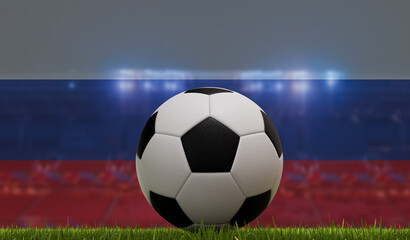 Wall Mural - Soccer football ball on a grass pitch in front of stadium lights and russia flag. 3D Rendering