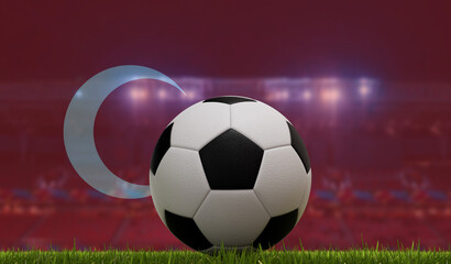 Wall Mural - Soccer football ball on a grass pitch in front of stadium lights and Turkish flag. 3D Rendering