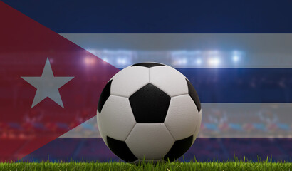 Wall Mural - Soccer football ball on a grass pitch in front of stadium lights and cuba flag. 3D Rendering