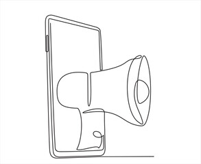 Poster - Continuous one line drawing of megaphone in smartphone. Digital marketing. Single line draw design vector graphic illustration.