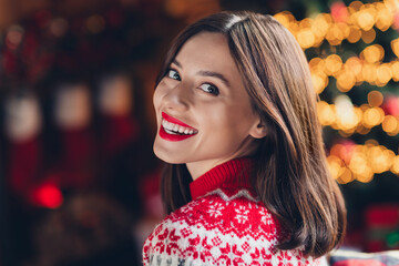 Wall Mural - Close up photo of stunning lovely pretty positive lady toothy smile holiday makeup enjoy cozy season evening time house room indoors