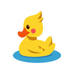 Sticker - Rubber duck toy for babies vector illustration. Cartoon drawing of yellow toy duck isolated on white background. Baby care, hygiene concept