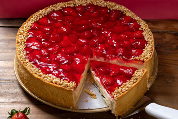 Wall Mural - Strawberry pie, slice removed,