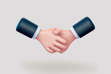 3D cartoon handshake gesture. Concept of business partnership, finance deal and successful teamwork. Emoji icon of shaking business mans hands in suits on light background.Vector illustration.