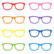 Eyeglasses, colorful trendy specs to put on someone - colored modern spectacles with red, orange, yellow, green, pink, purple and blue optical eyeglass frame - isolated vector on white background.
