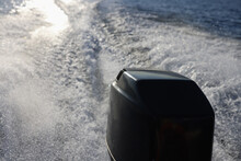 Rear View Of Speed Boat Or Motor Boat Running High Speed On Sea Or Lake.