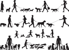 Men, Women And Children Walk Or Run With The Dog People Vector Silhouette Collection