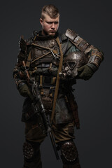 studio shot of handsome military man in spirit of post apocalypse.