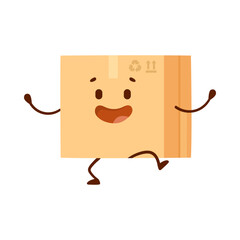 Sticker - Cardboard box cartoon character dancing vector illustration. Cute closed comic package, funny parcel with face isolated on white background. Delivery service, warehouse concept