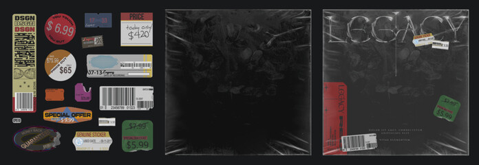 realistic plastic wrap overlay for album cover art design with collection of fully editable stickers