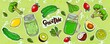 Green smoothie sticker set. Useful healthy food stickers for printing, hand drawing. Ingredients for smoothie cucumber, greens, citrus, berries stickers