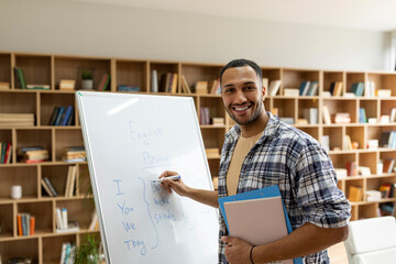 Wall Mural - Happy arab male teacher writing rules on whiteboard, looking and smiling at camera in living room interior