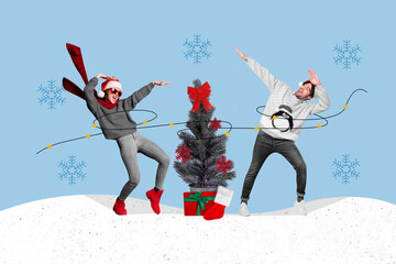 Composite collage of two overjoyed carefree people enjoy dancing newyear event tree gifts decor isolated on painted background