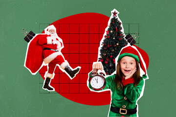 Sticker - Creative drawing collage picture of funny funky santa claus carry present gift bag stack surprised excited kid elf helper hold clock