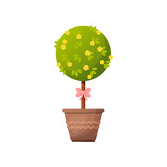 Wall Mural - Tall tree with yellow flowers in pot vector illustration. Cartoon drawing of potted plant isolated on white background. Nature, decoration, gardening concept