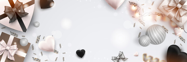 Poster - Merry Christmas web banner. Xmas and Happy New Year 2023 holiday celebration poster. Illustration with 3d realistic elements. Horizontal christmas poster, background, greeting cards, header.