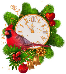 Christmas, New Year holiday background, red cardinal bird sits near the clock, fir branches, pine trees, berries, decorations, toys, tinsel, isolated,