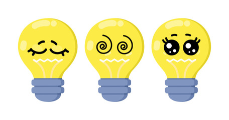 Poster - Light bulbs with cute faces vector set. Cartoon illustrations of light bulbs with different emotions isolated on white background. Lightning, design, emotions concept