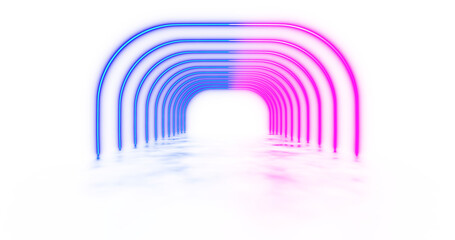 Poster - Neon light lines on png transparent background with reflection on the floor. Neon frame for your design.	
