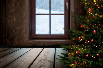 Wall Mural - Geöffnetes Fenster an Weihnachten mit Weihnachtsbaum