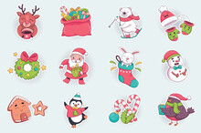 Christmas Cute Stickers Set In Flat Cartoon Design. Happy Reindeer Drinks Cocoa, Bag Of Gifts, Polar Bear On Skis, Santa Claus, Wreath And Other. Vector Illustration For Planner Or Organizer Template