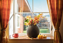 Sunny Day In The Countryside Home. Dried Trees Branches With Yellow And Red Autumnal Leaves In Designed Clay Vase On The Wooden Windowsill With Vintage Curtains. Home Sweet Home Window View.