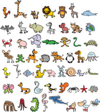 Vector Cartoon Big Set Of Cute Doodle Animals. Perfect For Postcard, Birthday, Baby Book, Children Room. Lamb, Crocodile, Zebra, Camel, Octopus, Whale, Shark, Wolf, Cow, Snail