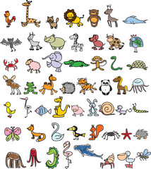 Wall Mural - Vector cartoon big set of cute doodle animals. Perfect for postcard, birthday, baby book, children room. Lamb, crocodile, zebra, camel, octopus, whale, shark, wolf, cow, snail