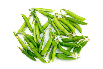 Wall Mural - Young sweet green peas on white background.