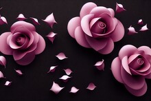 Three Graphic Pink Flower Buds With Rose Petals On Black Background