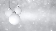 Silver White Loop New Year Swinging Baubles Decorations With Flickering Lights. Copy Space Animation Background.