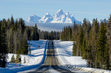 US Highway 287 And Mountains In The Winter.  Jackson Hole, Wyoming.