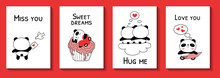 Valentines Day Cards With Baby Pandas Vector Illustration. Cute Panda Bear Collection With Red Hearts On White. Miss You, Sweet Dreams, Hug Me, Love You Phrases. Flat Style
