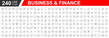 Big Set Of 240 Business Icons. Business And Finance Web Icons. Vector Business And Finance Editable Stroke Line Icon Set With Money, Bank, Check, Law, Auction, Exchance, Payment. Vector Illustration.