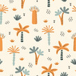 Seamless tropical jungle pattern with cute palm trees. Vector childish Africa illustration