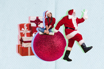 Sticker - Creative photo 3d collage artwork poster postcard of funny funky girl sit big ball get gifts from santa isolated on painting background