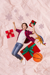 Poster - Creative poster collage of energetic little boy jumping have fun christmas presents gifts boxes ribbons bows toys receive giftbox shopping