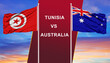 Tunisia vs. Australia two flags on flagpoles and blue cloudy sky background.Soccer matchday template