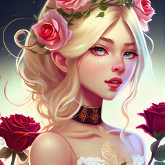 A beautiful anime girl with red roses, blonde hair and light blue eyes 